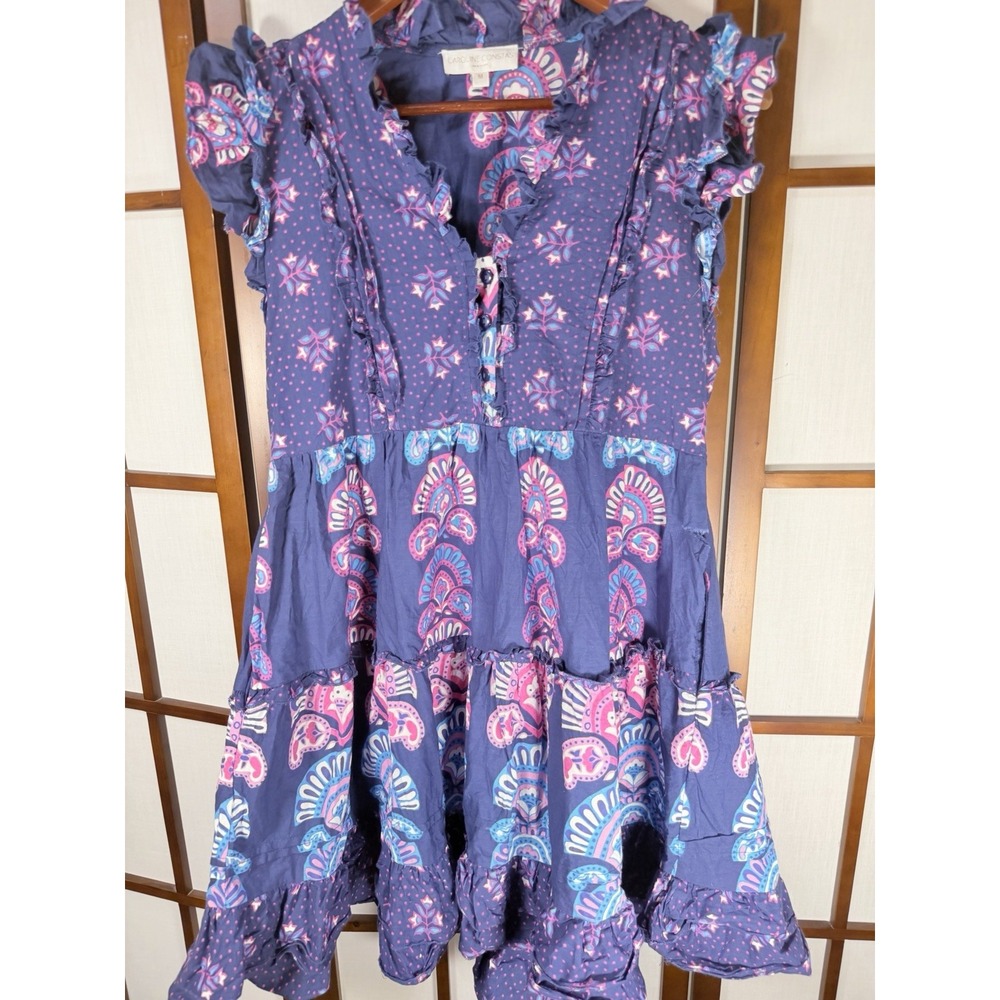 Caroline Constas Women's Navy Blue Ruffle Sleeve Half Moon Print Dress Sz M
